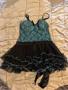 Aqua Lace & Black Ruffle Chemise with Bow Detail